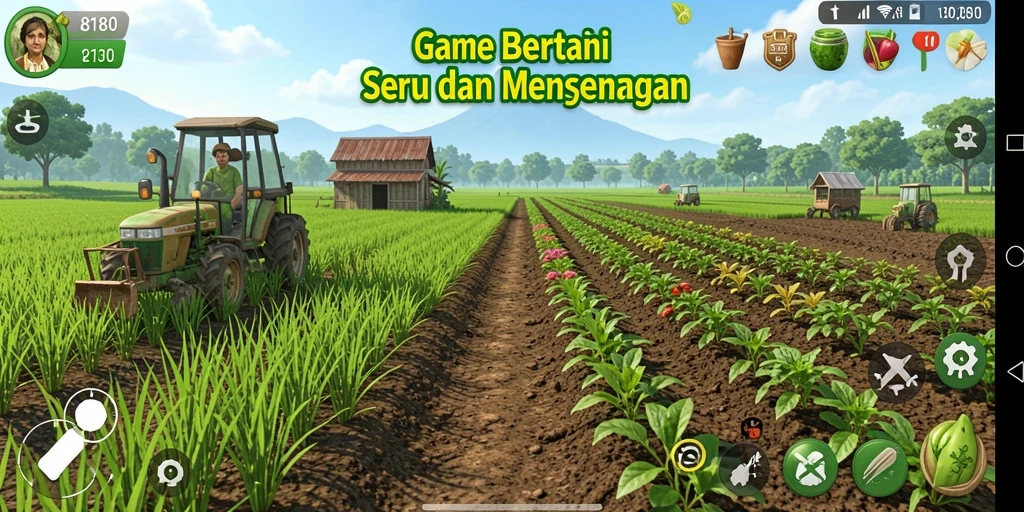 Tampilan gameplay 8180 yang menarik dengan ladang subur dan tanaman yang beragam.