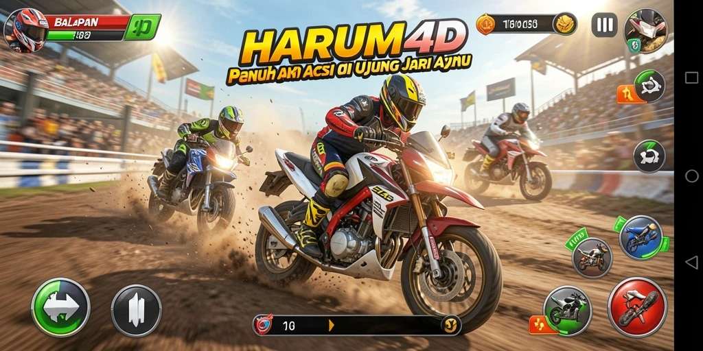 Screenshot gameplay HARUM4D yang penuh aksi balapan motor.