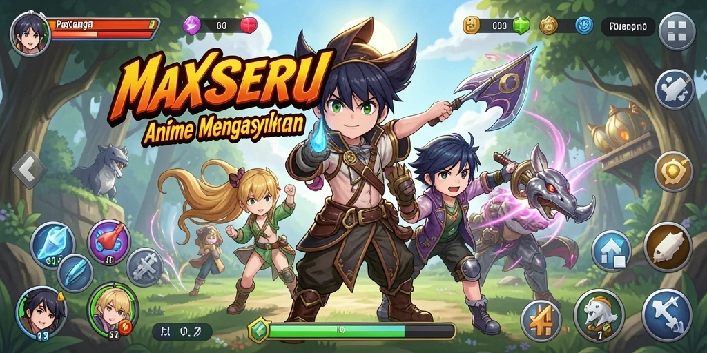 Screenshot gameplay MAXSERU menampilkan karakter anime beraksi dalam pertempuran epik.
