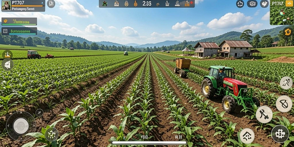Screenshot gameplay PT707 menunjukkan keseruan bertani dengan berbagai tanaman dan hewan.