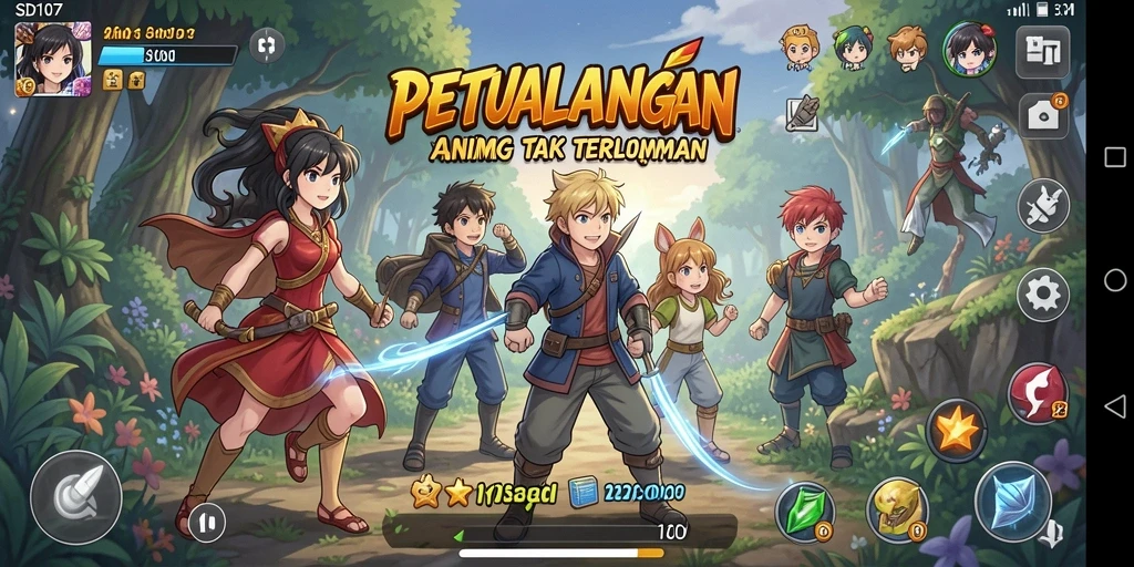 Screenshot gameplay SD107 menampilkan momen pertarungan seru dan karakter anime.