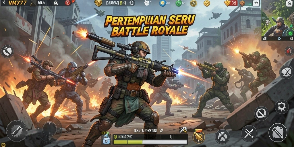 Screenshot VM777 menunjukkan aksi intens dalam pertempuran Battle Royale.