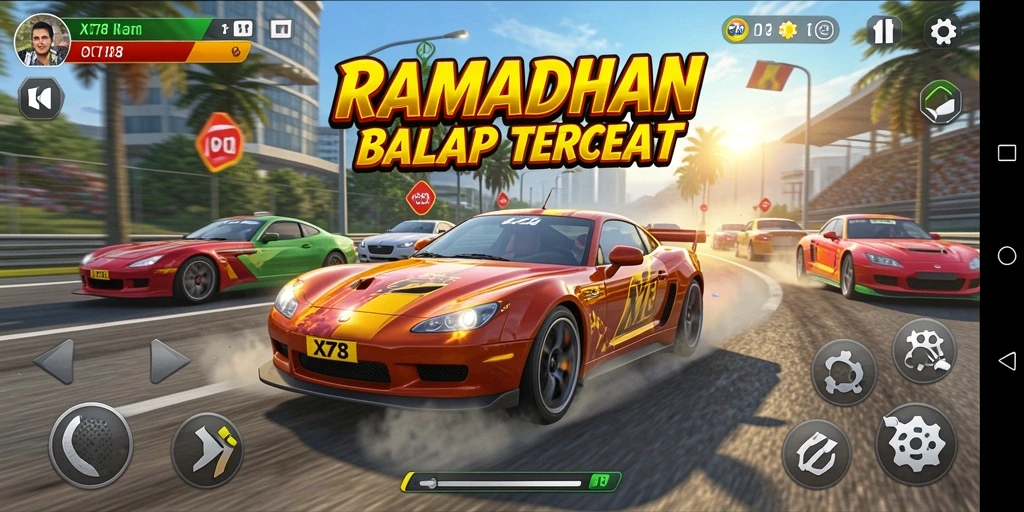 Screenshot gameplay X78 menampilkan balapan seru di trek menantang.